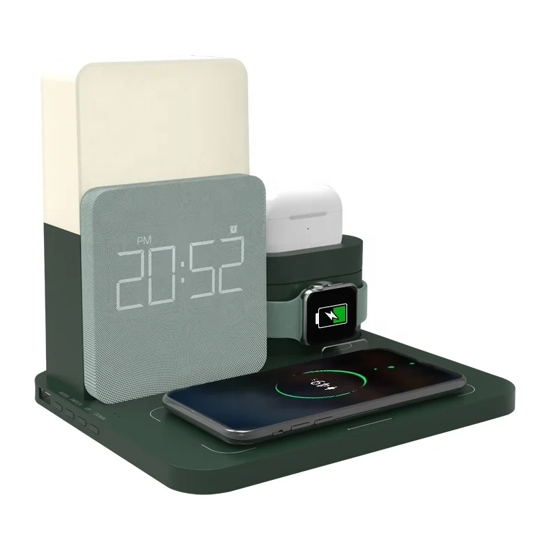 

Innovative Products 2021 Fast Wireless Charger Table Lamp Time Clock 8 in 1 Wireless Charging For Watch Earphone Phone And Lamp