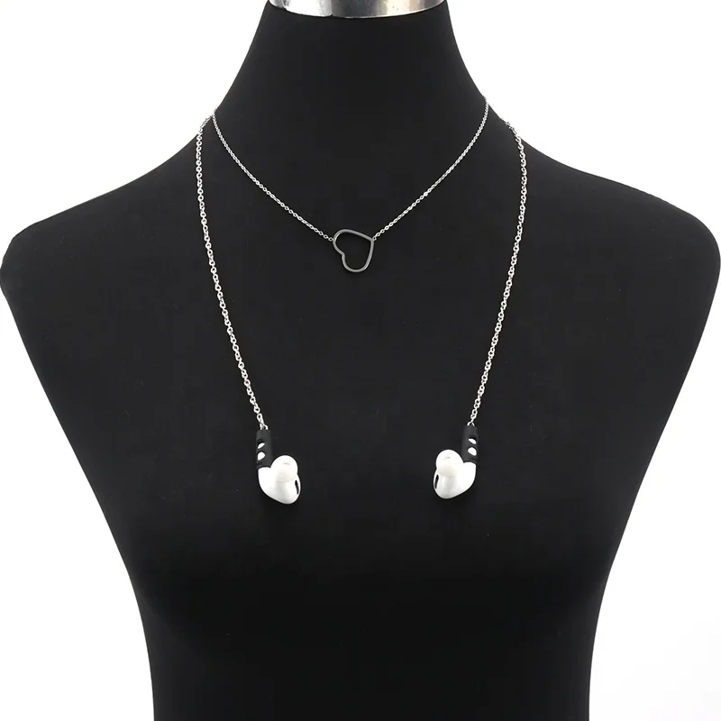 

Layered Stainless Steel Wireless Headphones Chain Anti Lost Earphone holder lanyard Love Heart Statement Necklace for Earpods