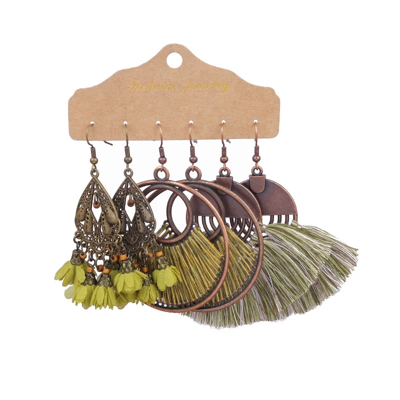 

New Ethnic Tassel Metal Earrings Set Geometric Fringe Flower Shell Earrings Jewelry