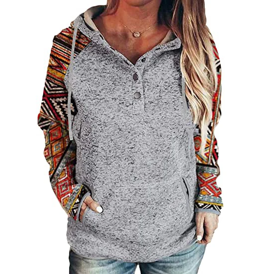 

Women Splicing Aztec Hoodie Button Pullover Kangaroo Pocket Drawstring