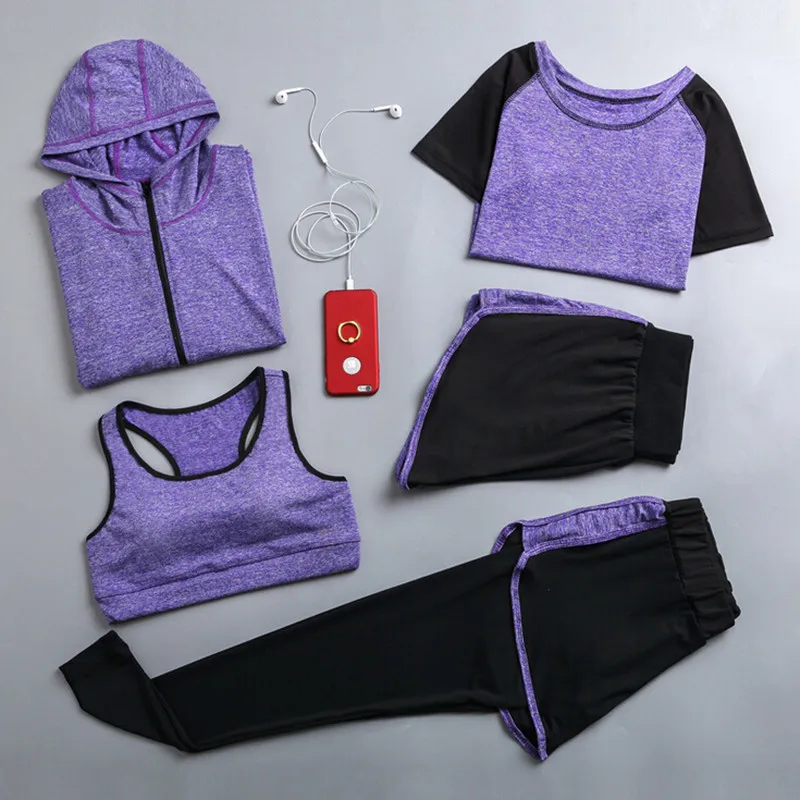 

Hot sale women quick dry 5 piece set yoga jacket+t shirt+bra+shorts+pants fitness gym clothing womens sports running suit sets