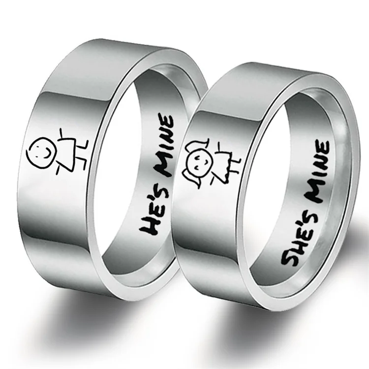 

Wholesale fashion couple abstract character ring he is mine, she is mine, stainless steel ring jewelry