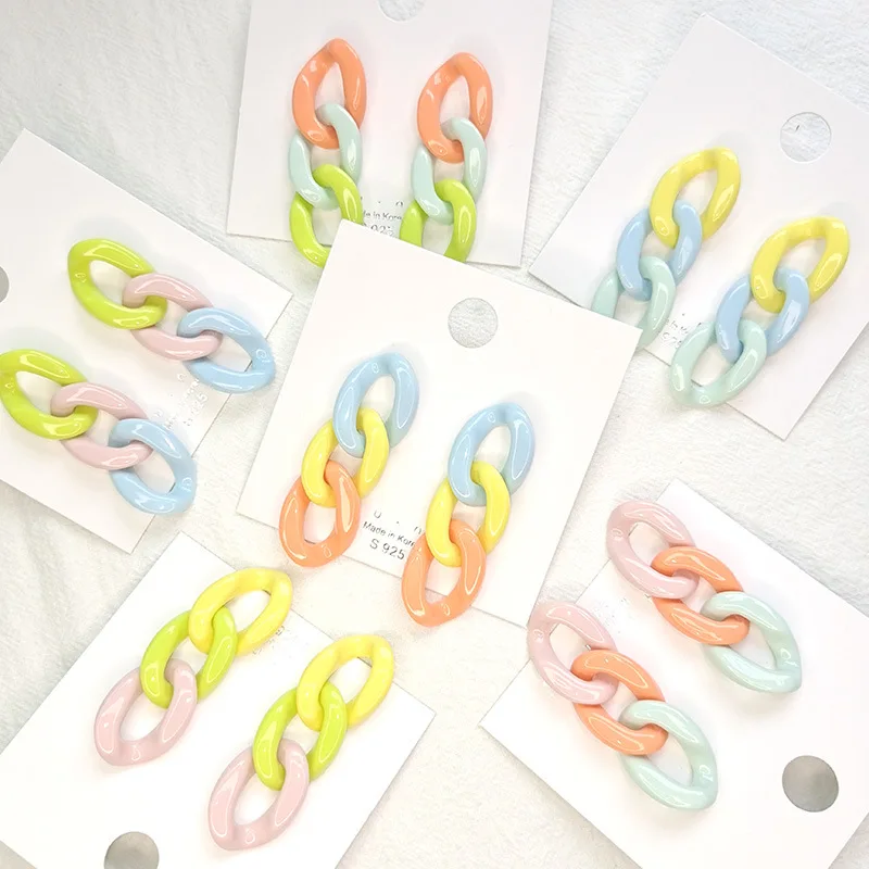 

JUHU Summer 925 Silver Needle Macaron Contrast color drop earring sweet Acrylic Chain Clasp Design Simple earrings for women, Gold