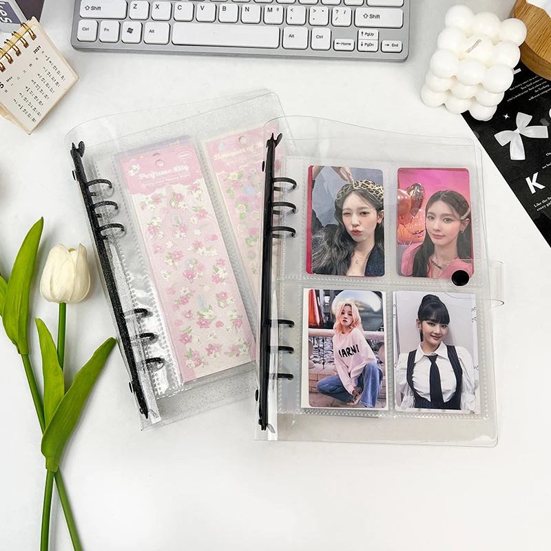 

Transparent Pvc Black 6 Ring Binder Glittering Photo Album A5 A6 Refillable Loose Leaf Notebook Waterproof Note Book with Button