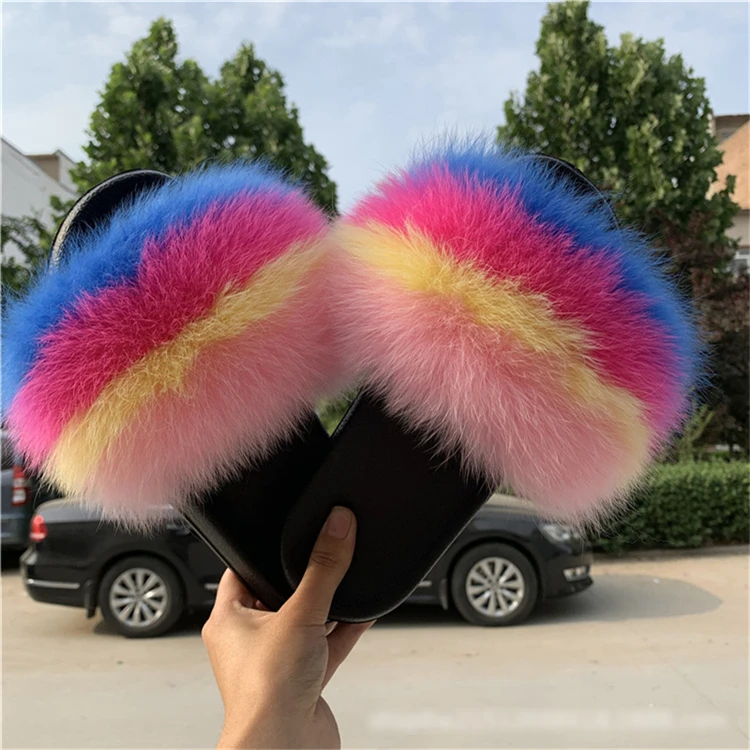 

New Fashion Raccoon Fur Slides Summer Outdoor Fluffy Girls Fox Fur Slippers