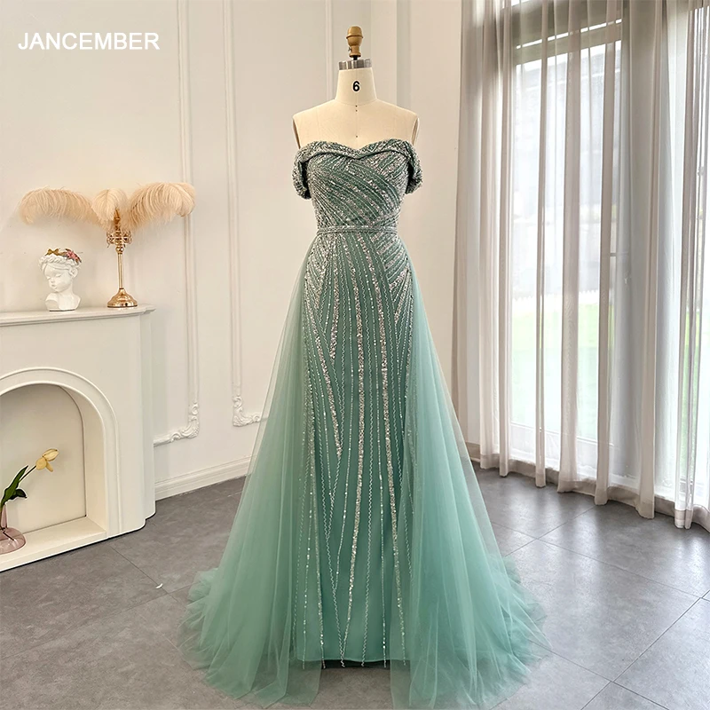 

Scz127 Elegant Off Shoulder Sage Green Overskirt Evening Dresses 2023 Luxury Dubai Women Wedding Formal Party Gowns