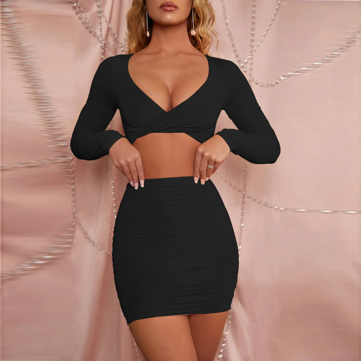 

Long Sleeve Sexy Bodycon Casual Dress Sets V Neck Crop Top And Pleated Skirt Two Piece Set, White,black,khaki,rose red or customized colors