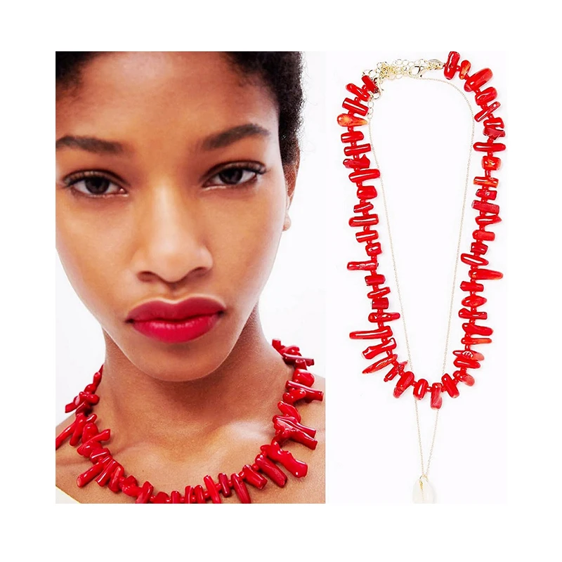 

Summer Bohemian 2pcs Sea Cowrie Shell Pendant Necklace Natural Red Coral Necklace