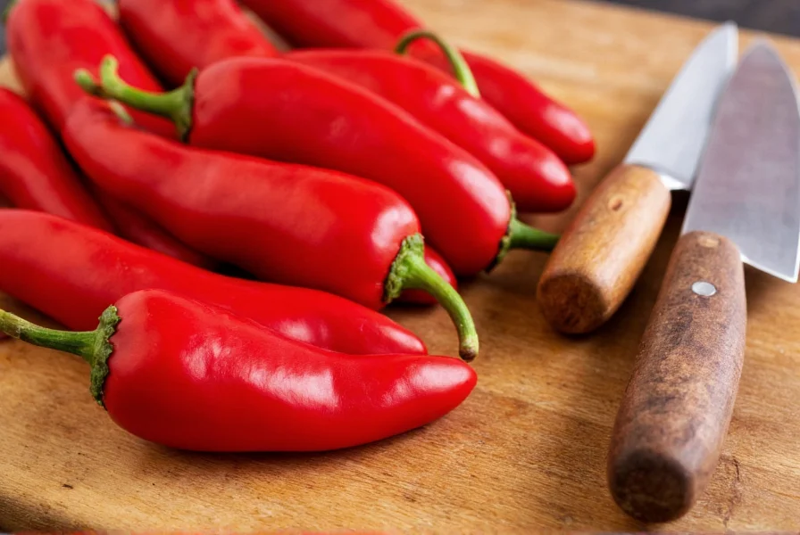 Close-up of vibrant red Caribbean peppers on a wooden cutting board with traditional cooking utensils