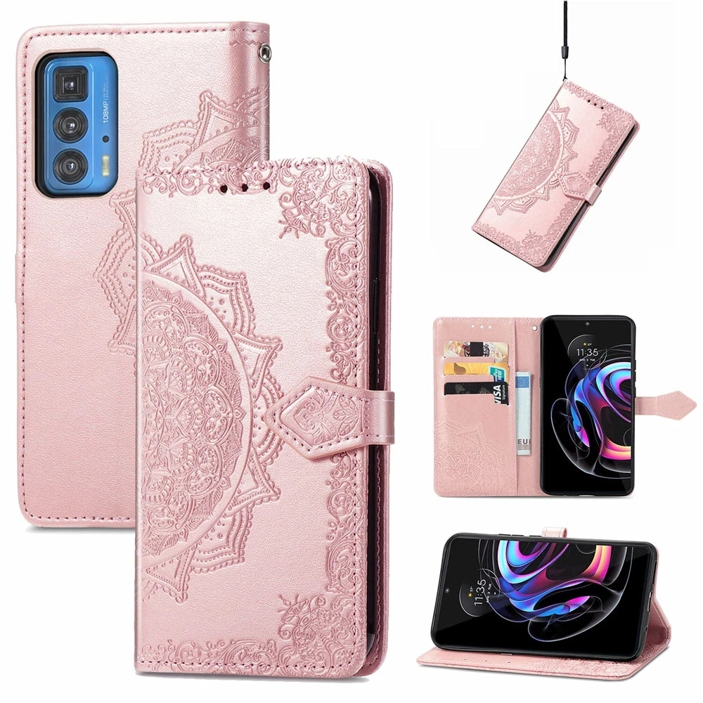 

Mandala Flower Embossed Leather Cases For Motorola Edge 20 Pro Lite G60s G stylus 5G G50 E7 Power Magnetic Wallet Phone Cover, 6 colors
