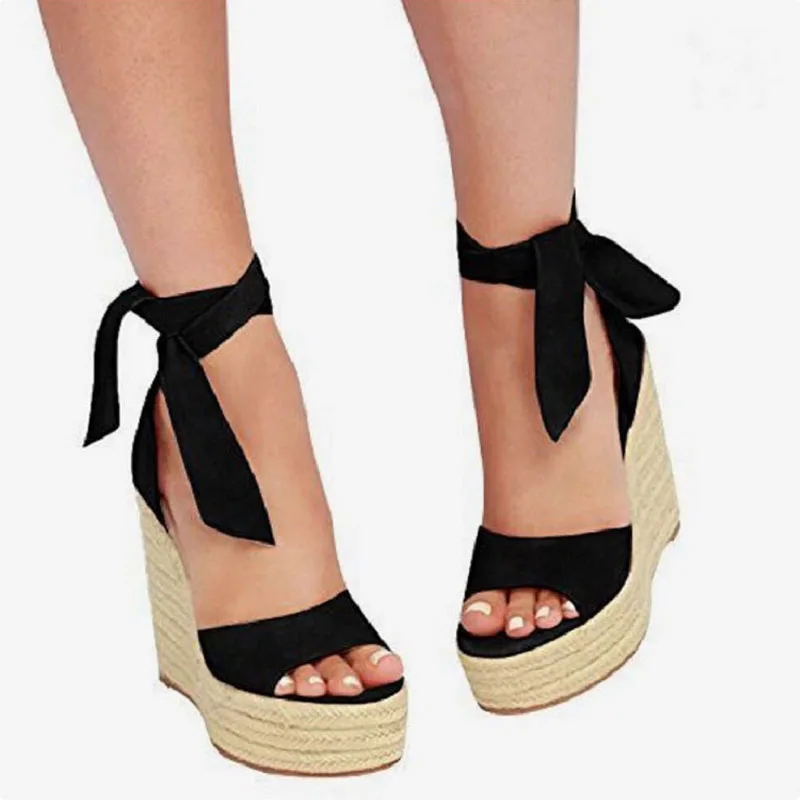 

Fashion women wedge sandals 2022 Stretch Fabric Sexy Peep Toe Ankle Cross-Strap Lace-Up Weaving Wedges Platform High Heels Shoes