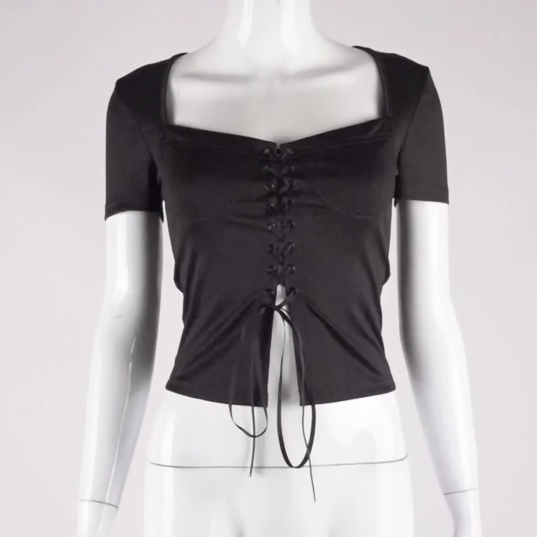 

spring new arrival sexy hollow out lace up crop tops women clothing solid square collar corset crop top