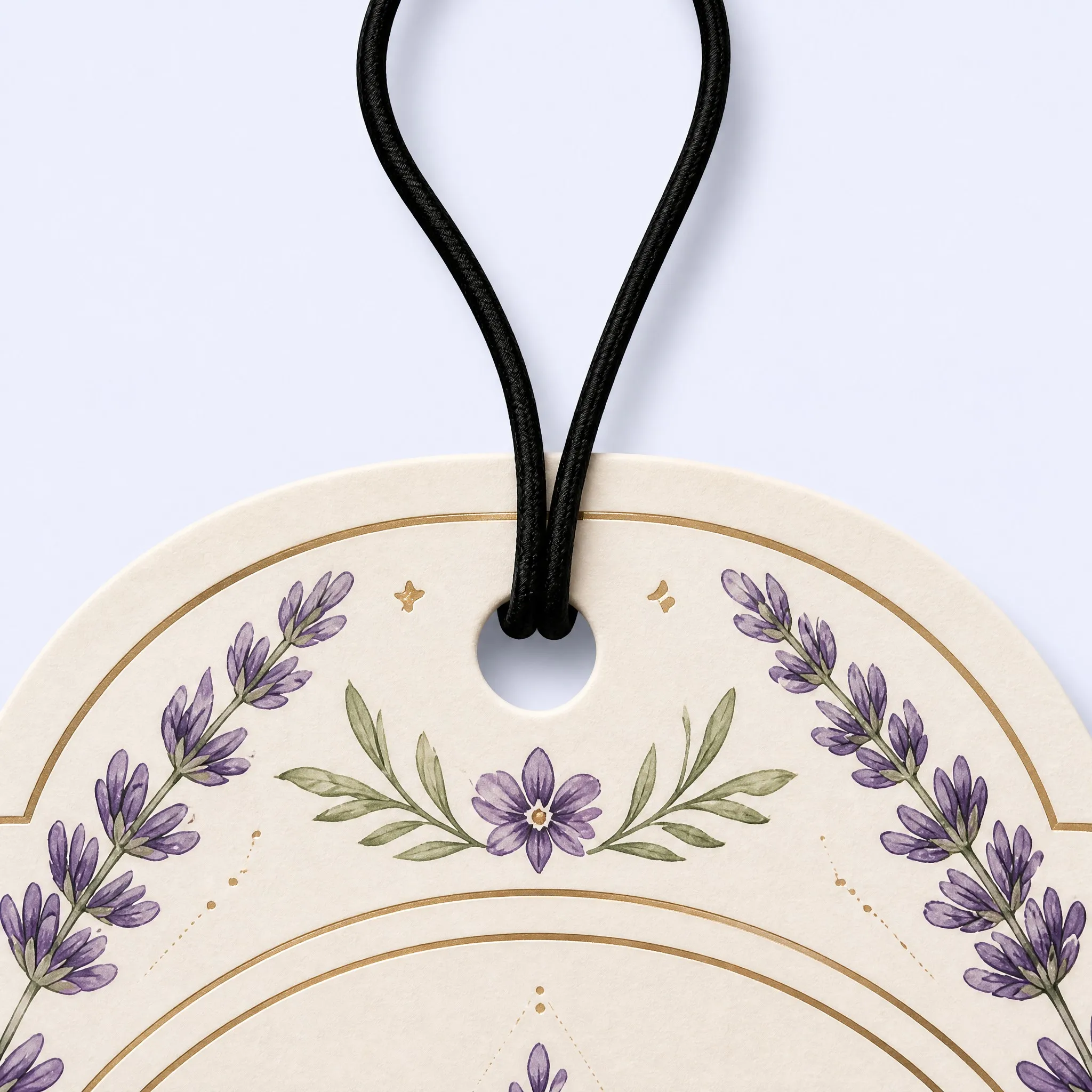 Top Detail of Lavender Air Freshener with Elastic Cord Loop and Violet Blossom Artwork