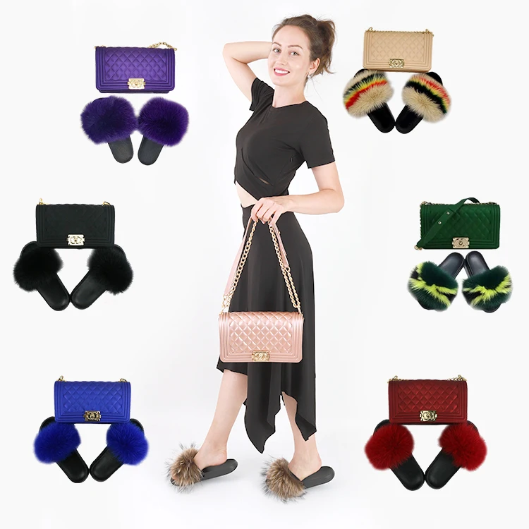 

2020 handbags crazy selling colorful fur slides and jelly purses handbag sets for women