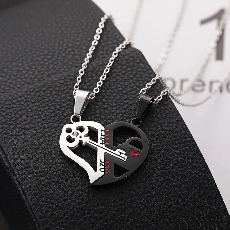 

Romantic Valentine's Day Gift Stainless Steel Heart Pendant Couple Necklace CZ Key Pendant Couple Necklace, Rose gold/sliver/gold