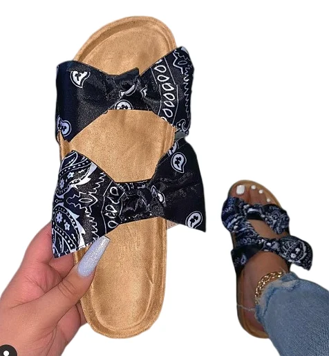 

Fashion Sexy Pink Color Bow Slippers Leopard Flat Sandals For Ladies