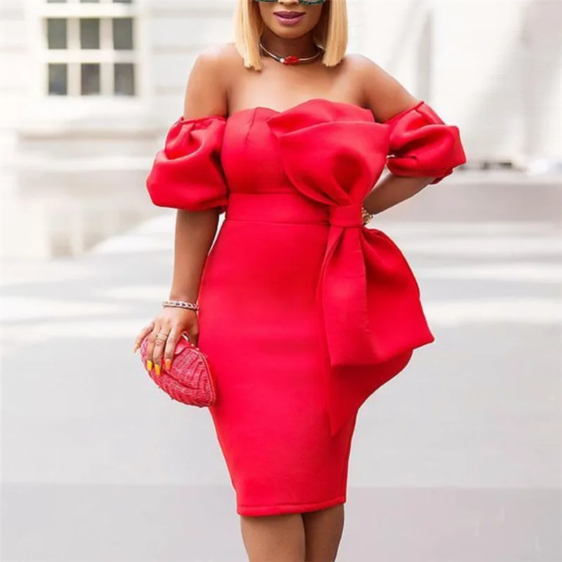 Backless Bodycon Big Bowtie Off Shoulder Red Banquet Femme Club Dress