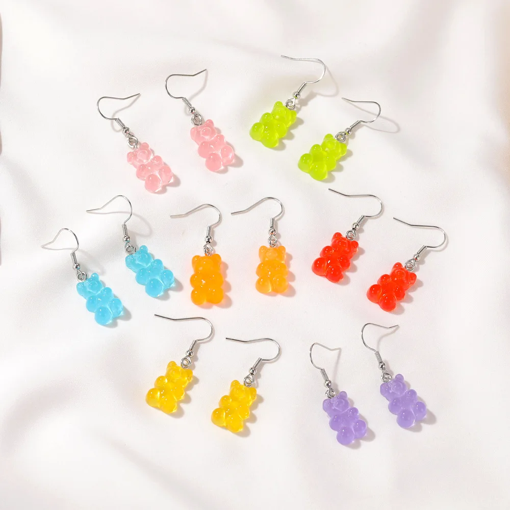 

Simple and lovely candy color resin earrings with colorful cartoon bear earrings