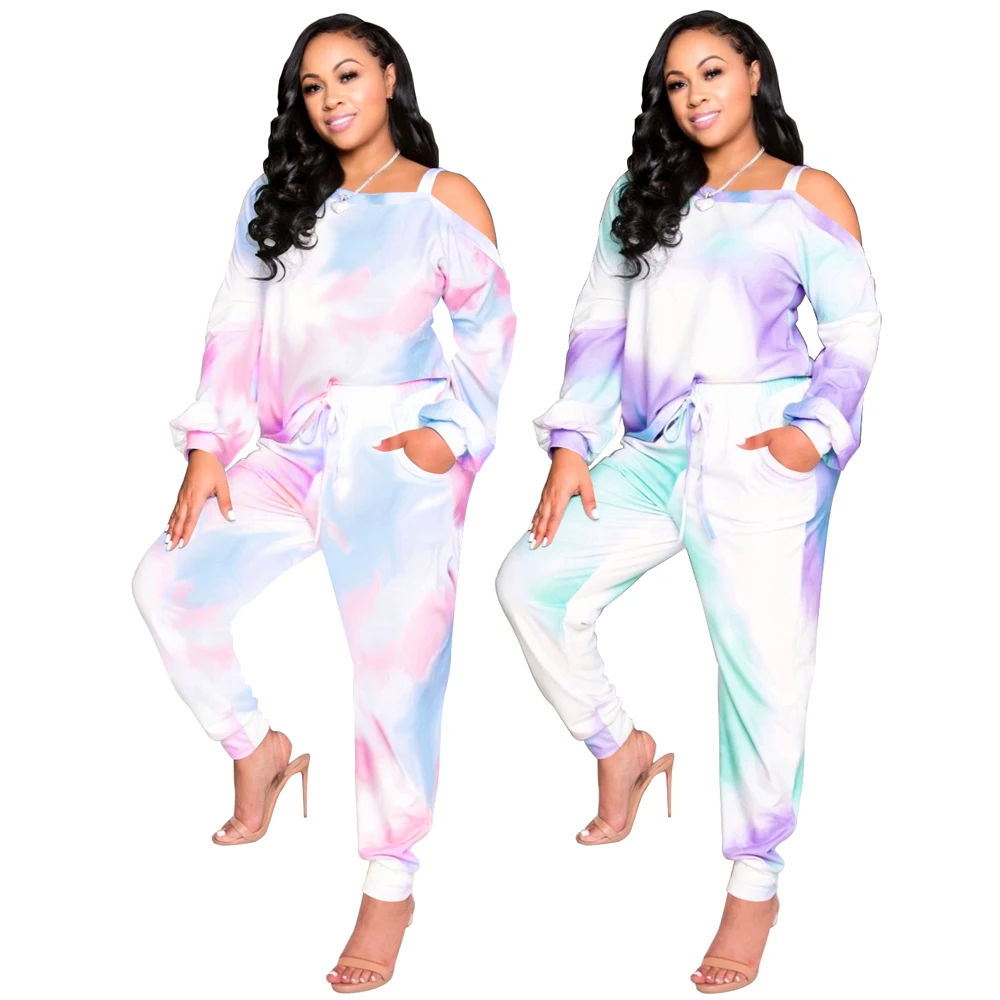 

YD-3202 Fashion Autumn Winter Tie Dye Women Long Sleeve Off Shoulder Ladies Jogger Winter Sweatpants