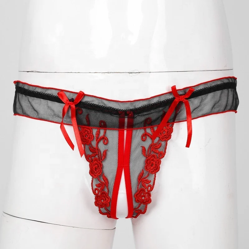 

Men Embroidery Crotchless Thongs Lace Sexy Sissy Gay Underwear