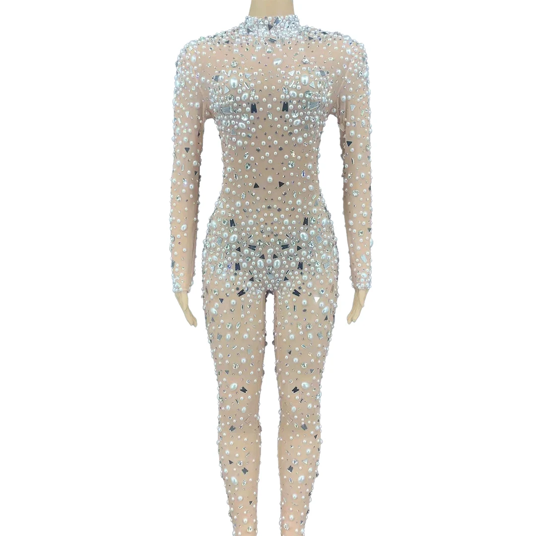 

Fashion Rhinestones Pearls Sequins Rompers Women Sexy See Through Playsuits Pole Dance Stage Wear Club Party One Piece Jumpsuit, Nude