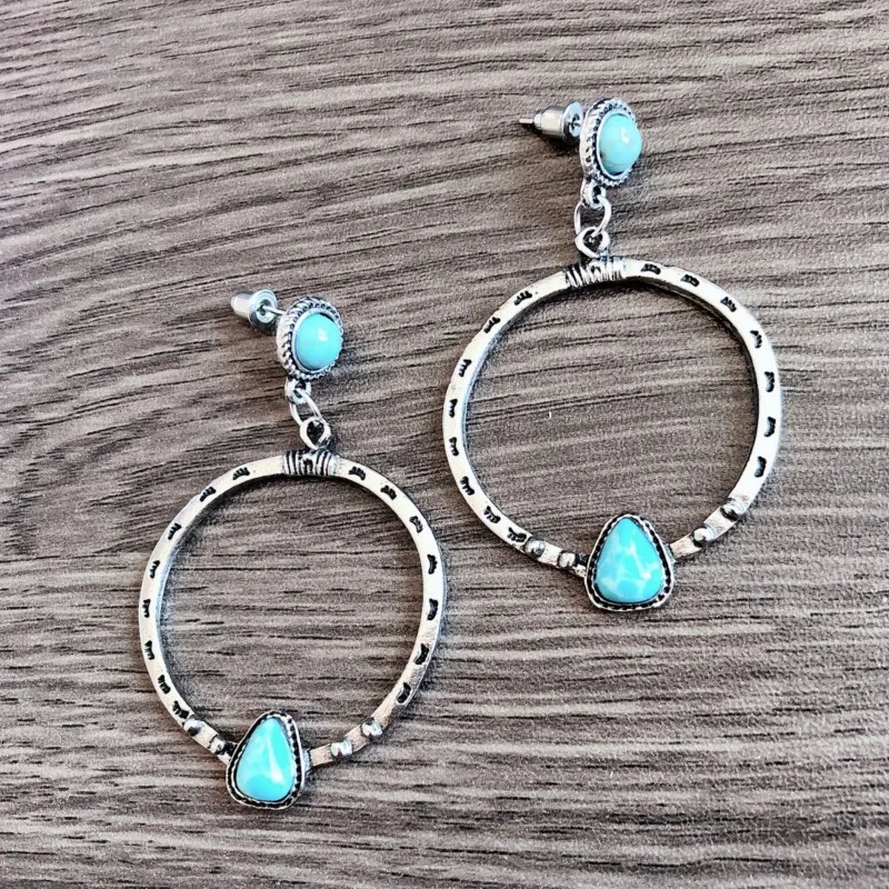

Wofish Western stamped eyelash round Hoop turquoise stone dangle earrings for cowgirl