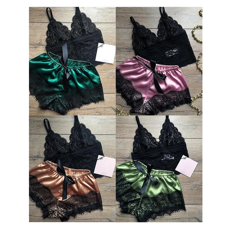 
Sexy lace satin lingerie two piece set women pajamas sleepwear 