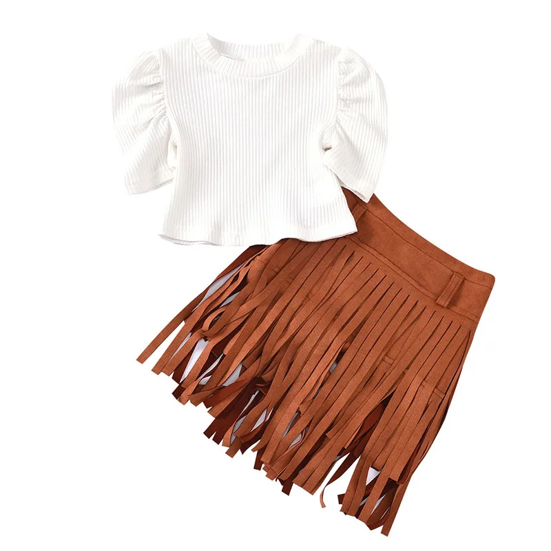 

Hot sale white puff ruffle sleeve top fringe skirt 2 piece fashion little girls boutique clothing sets, As picture show