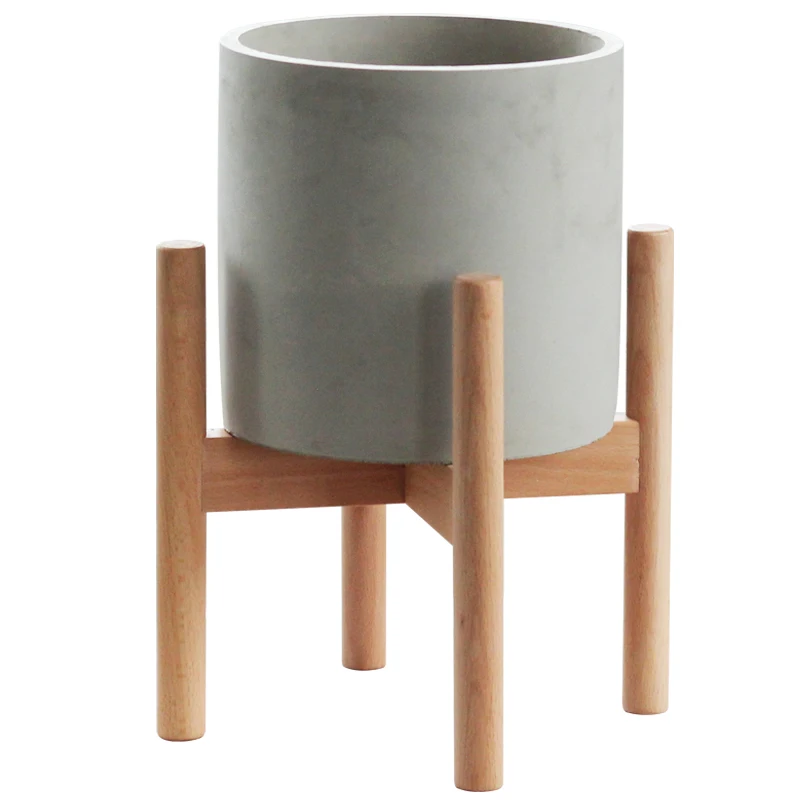 

Morden design cement round square shape indoor flower pots with wooden stand for home decor, Grey