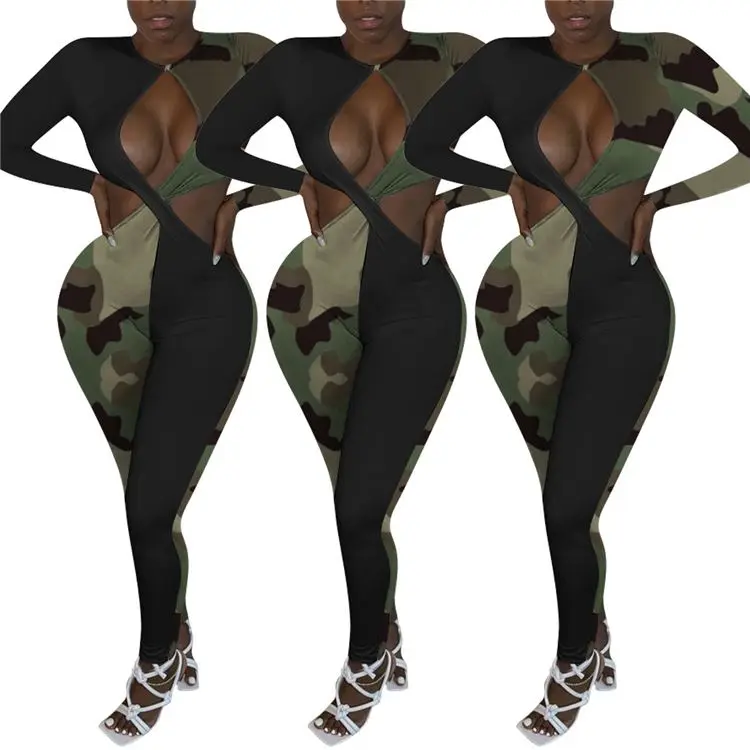 

Wonder Beauty Hollow Out Backless Bodycon Jumpsuit Camouflage Print Splice Women One Piece Jumpsuits And Rompers