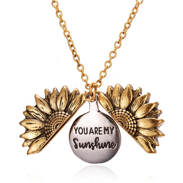 

2019 Custom Design Women Gold You Are My Sunshine Openable Locket Sunflower Pendant Necklace