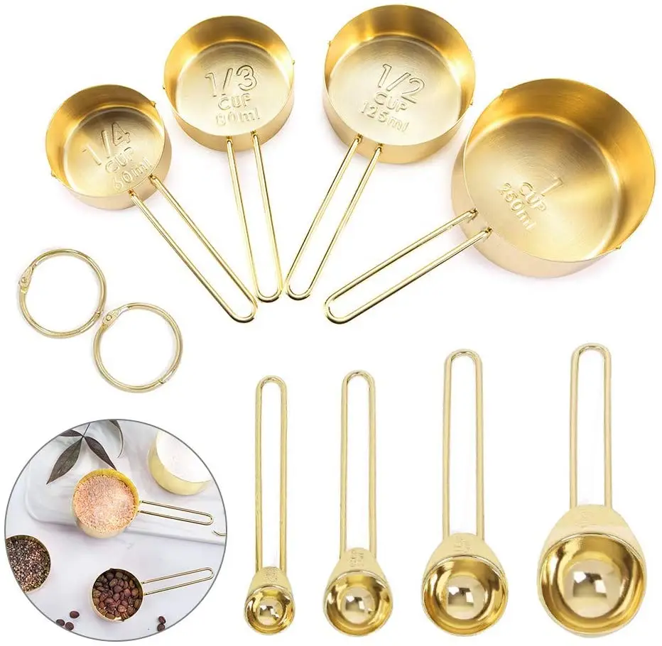 

Gold 8 Piece Stainless Steel Measuring Cups and Spoons Set with Engraved Marking Ruler for Measuring Dry and Liquid Ingredients