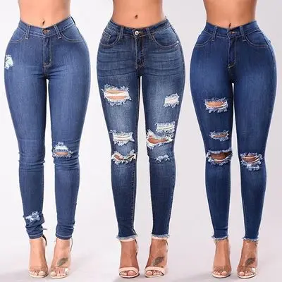 

New explosive European and American elastic hole Slim Leggings Women's jeans, Blue