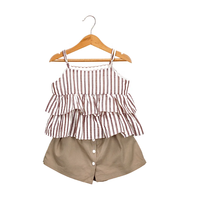 

Factory wholesale girls summer clothing two-piece new baby girl cotton striped suspender top skirt pants suit