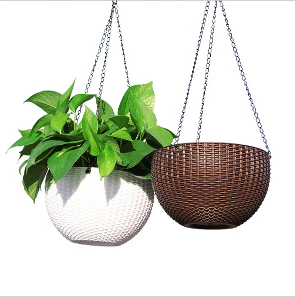 

China Round Decor Resin Rattan Round Hanging Basket Planter Plastic Flower Plant Pot with Drainer, Brown,white,grey,green,red,blue,black