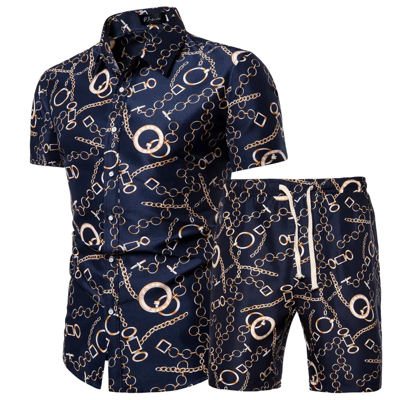 

2021summer cotton beach mens camisas hawaiian floral button down shirt and shorts set