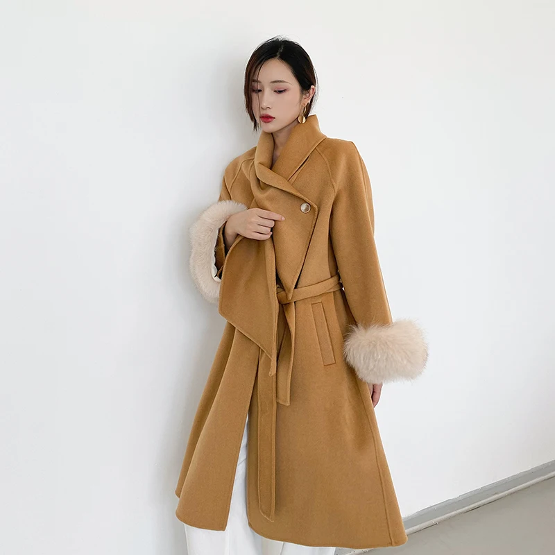 

Anfeiouna winter warm lapel trench wool cashmere coat Ladies Long Double-Faced Handmade Coat, Alpaca