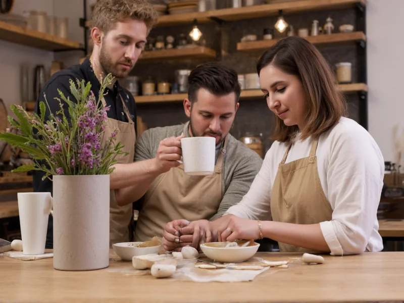 Couples creating pottery together at craft bar