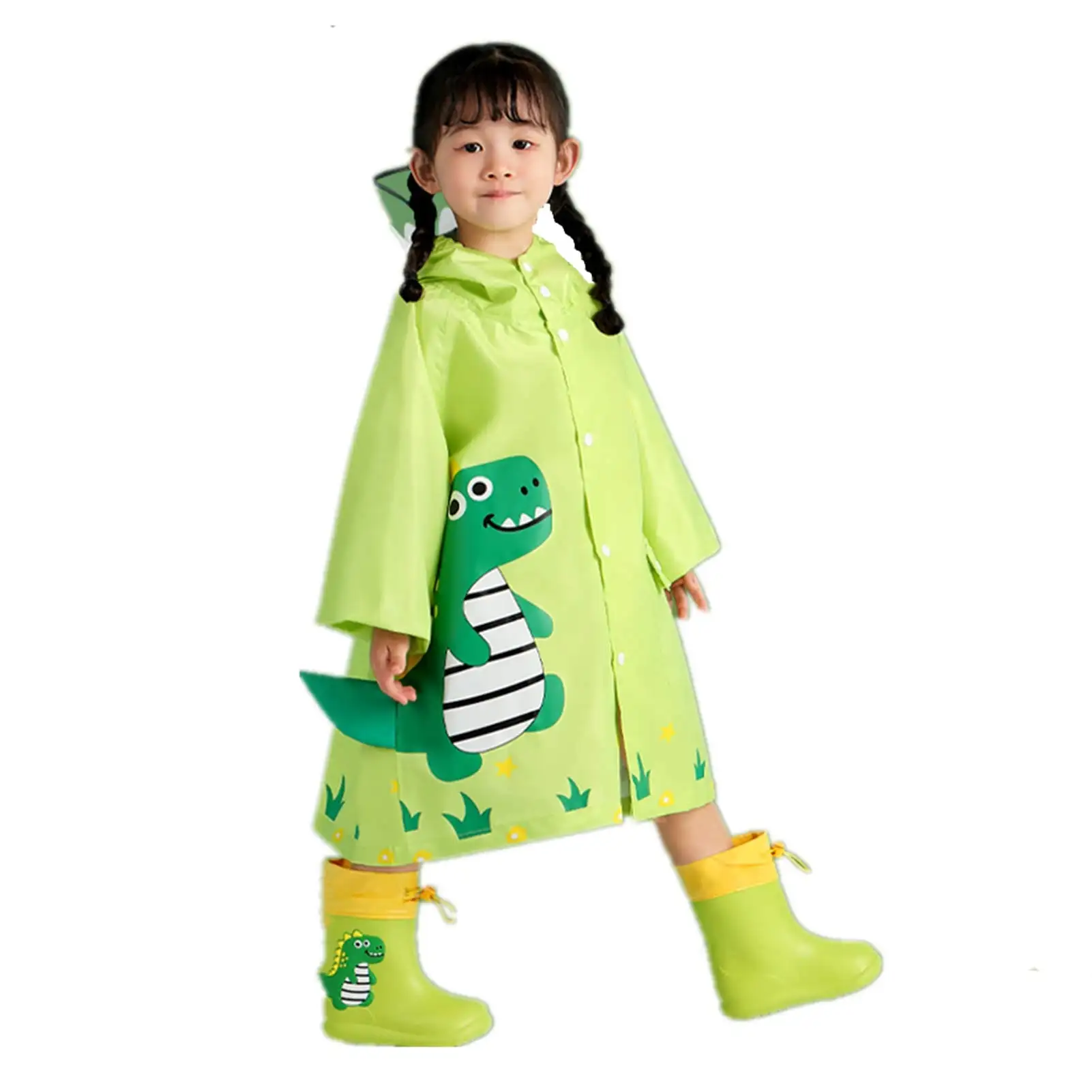 

Green Dinosaur Print Raincoat For Student Kindergarten Kids Raincoat Hoodie Long Style, Customized color