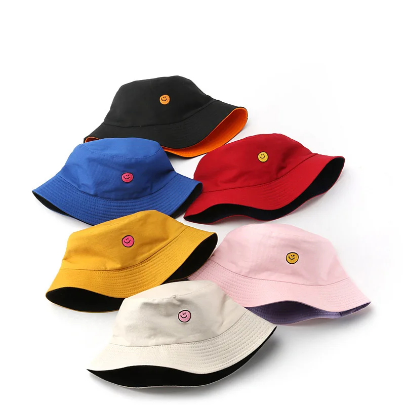 

custom logo embroidery cotton reversible two sides smiley double-sided happy smile face bucket hat women fashion buket hats, Many