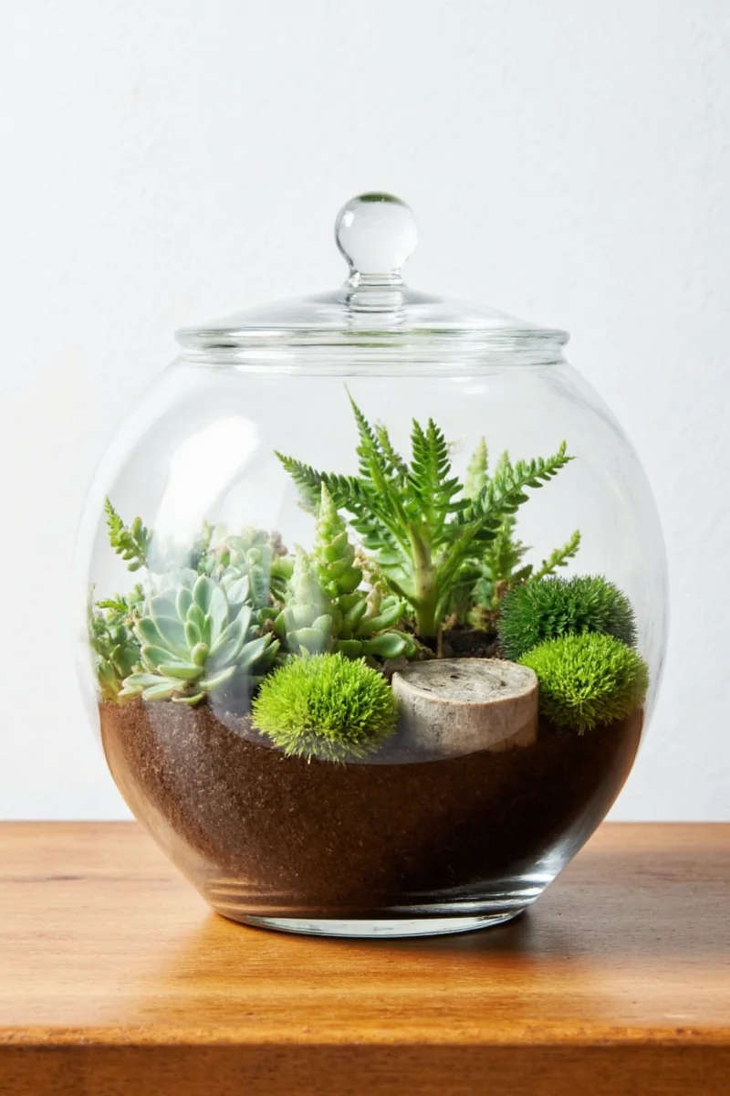 Fairy garden terrarium with tiny mushrooms and fairy figurines