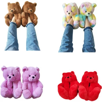 

Teddy Bear Slippers 2021 New Arrivals Fuzzy Teddy Wholesale Plush Fashion Slippers House Teddy Bear Slippers For Women Girls, Black yellow red blue