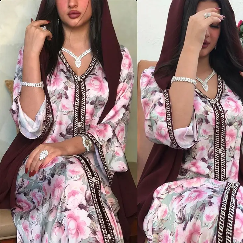 

Fashion V neck chiffon with flora print embroidery casual abaya dress for women STAB111