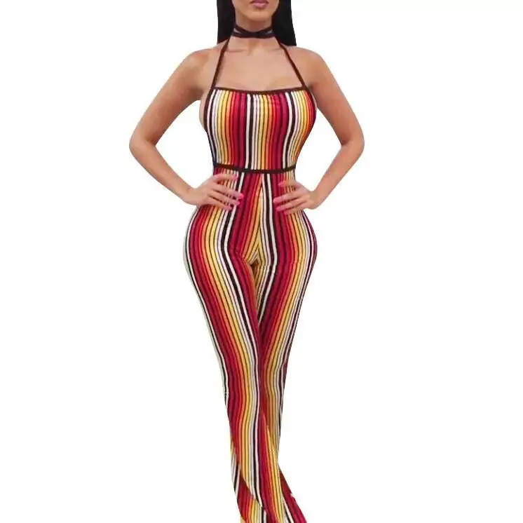 

New Arrival Hot Sale Digital Printing Striped Backless Halter Sexy Women Jumpsuit, Picture color