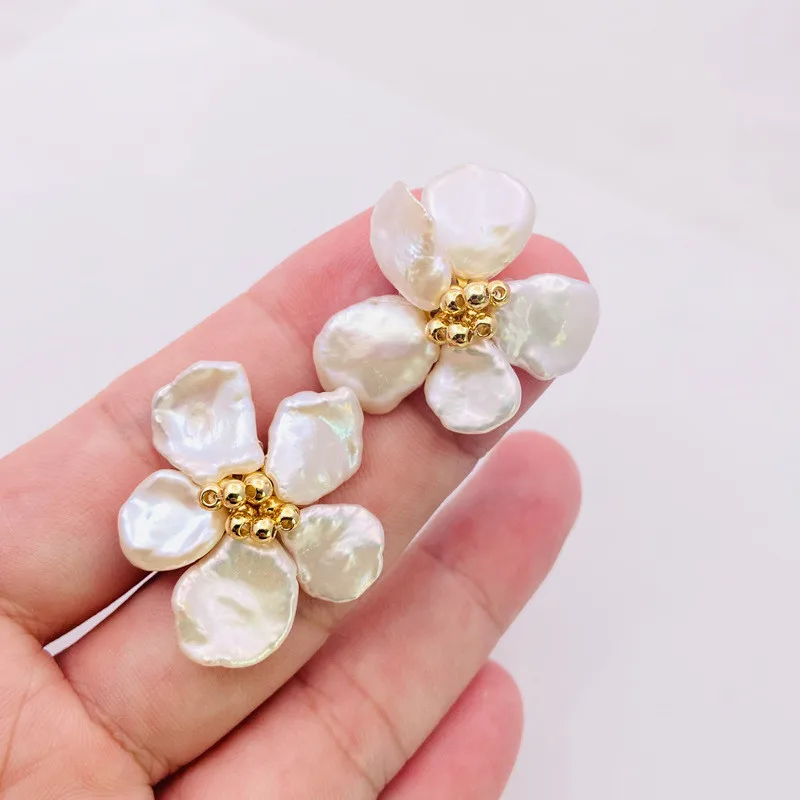 

Aimgal jewelry wholesale Gold Plated Stud Earrings Natural fresh water baroque pearl flower earrings women