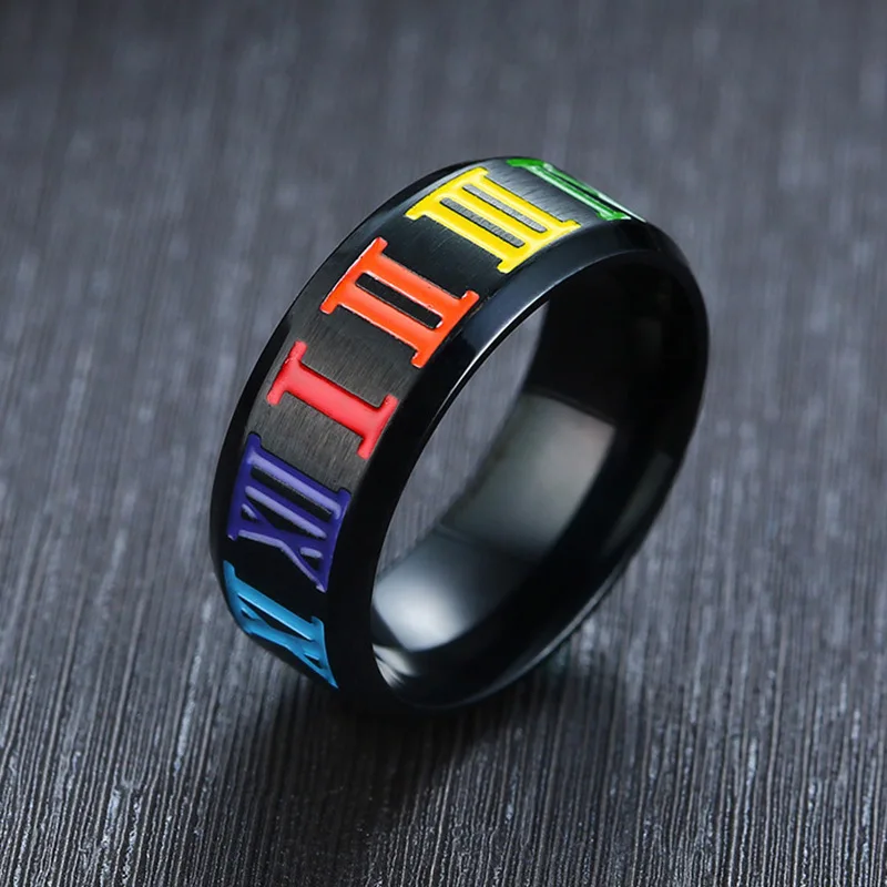 

Men's Titanium Steel Ring with Roman Numerals Rainbow Design Fashionable Size Adjustable Diamond Silver Jewelry for Engagement