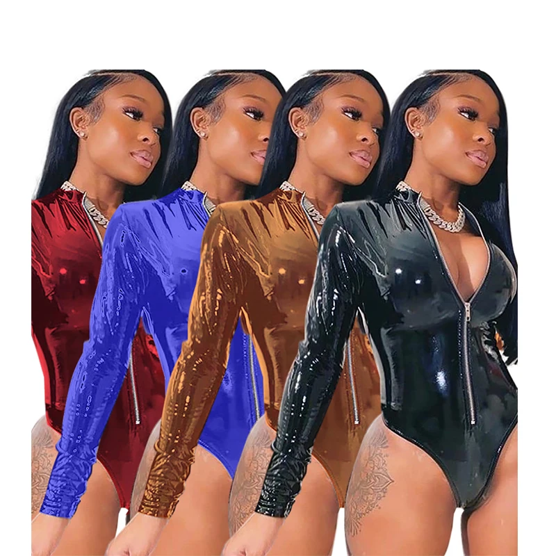 

2020 wholesale clothes shiny high waist clubwear Sparkle sexy bodysuit pu leather jumpsuits for ladies, Black, brown, red, purple