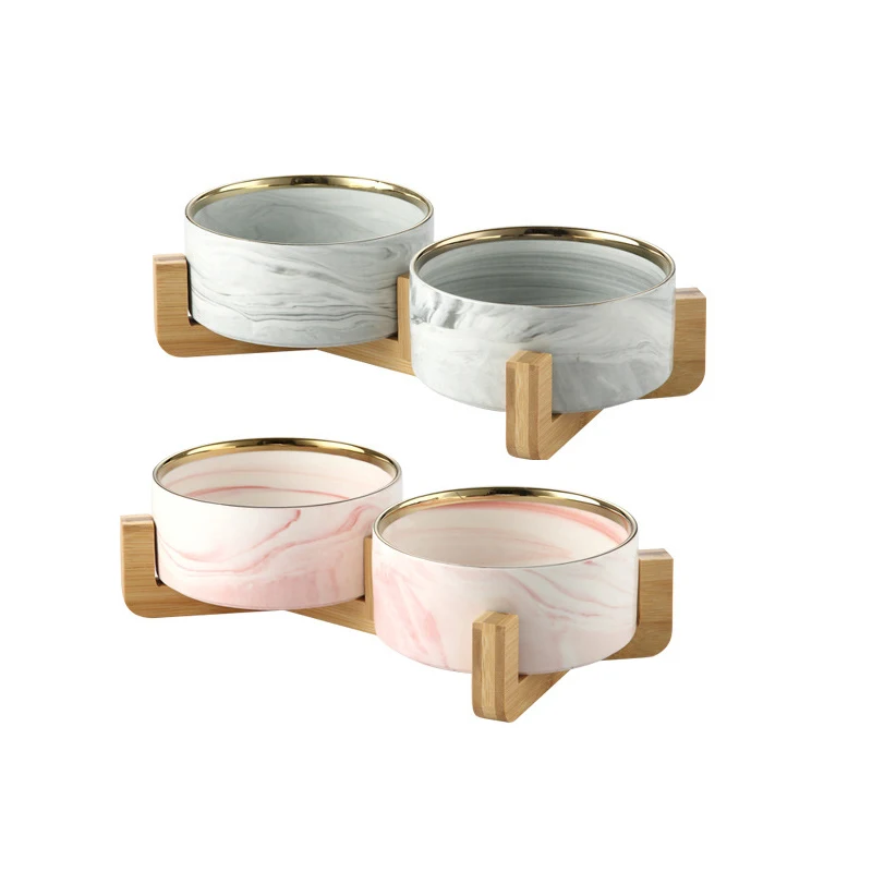 

Wholesale custom color bamboo wooden frame marble ceramic pet bowl high foot protection cervical vertebra water bowl, Pink, gray
