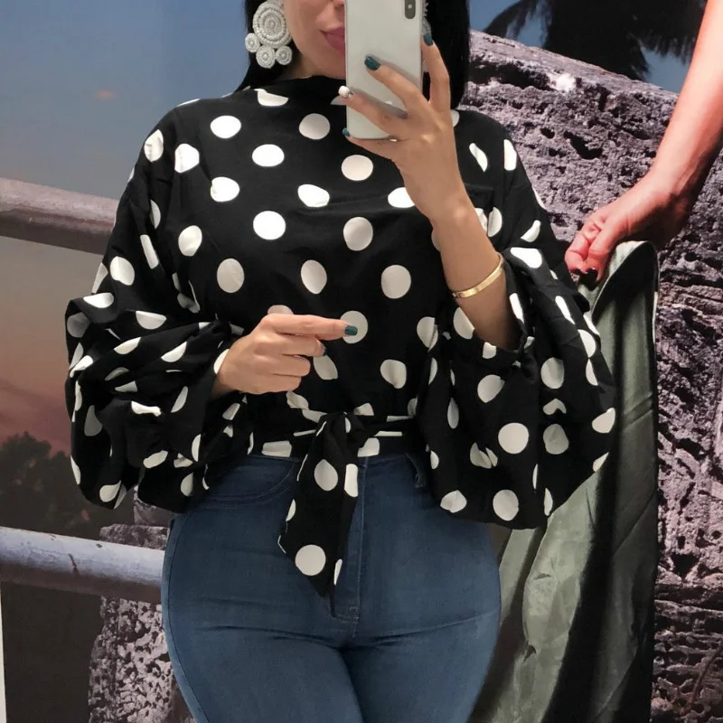 

Black Sashes Long Puff Sleeves With Dot Ladies Fashion Casual Blouse, Black white red