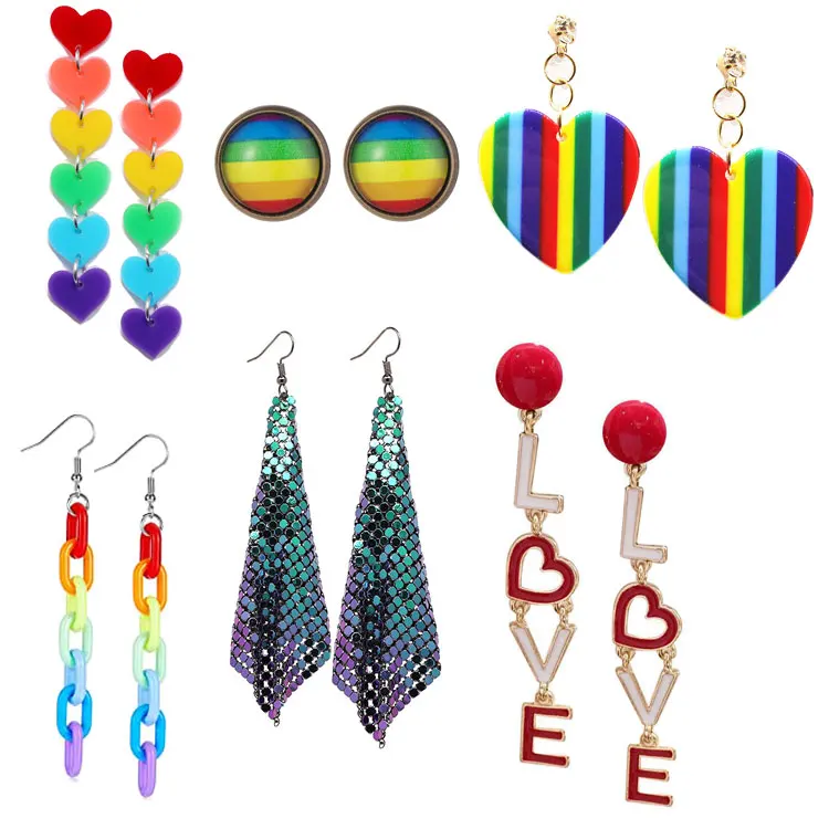 

New Rainbow Heart Earrings Jewelry Fashion Candy Color Lightweight Chain Drop Sequin Tassel Resin Acrylic Earrings for Women